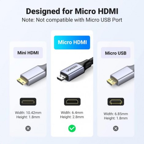 Cáp chuyển đổi Micro HDMI to HDMI 2.1 dài 1m Ugreen 15516, hỗ trợ 8K60Hz 4K120Hz 48Gbps, Dynamic HDR, eARC