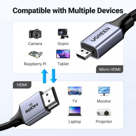 Cáp chuyển đổi Micro HDMI to HDMI 2.1 dài 1m Ugreen 15516, hỗ trợ 8K60Hz 4K120Hz 48Gbps, Dynamic HDR, eARC