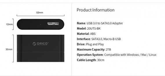 Cáp chuyển đổi USB 3.0 sang SATA 3 Orico 20UTS-BK