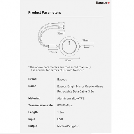 Cáp sạc dây rút Baseus Bright Mirror 2 Series Retractable 3 in 1 CAMJ010017