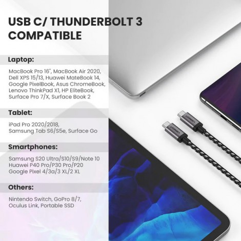 Cáp USB Type C 3.1 Gen 1 dài 2m Ugreen 50450, video 4K@60Hz, PD60W, Truyền data 5Gbps