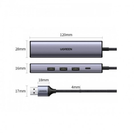 HUB USB 3.0 sang Lan + 3 x USB 3.0 Ugreen 60554 (Có trợ nguồn USB-C)