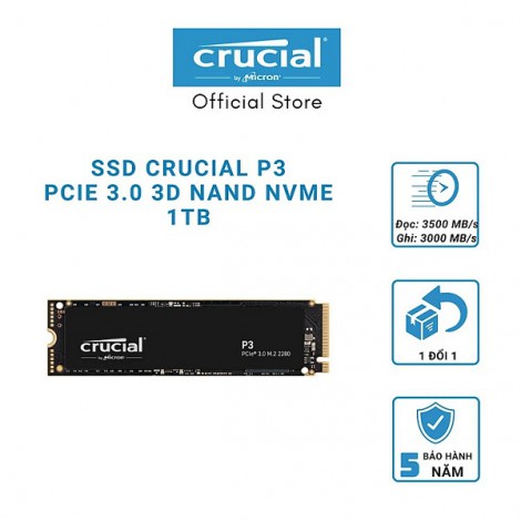 Ổ cứng SSD gắn trong 1TB Crucial P3 M.2 2280 NVMe (PCIe Gen 3 x4) CT1000P3SSD8