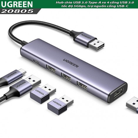 Bộ chia USB 3.0 sang 4 cổng USB 3.0 tốc độ 5Gbps Ugreen 20805, trợ nguồn cổng USB-C