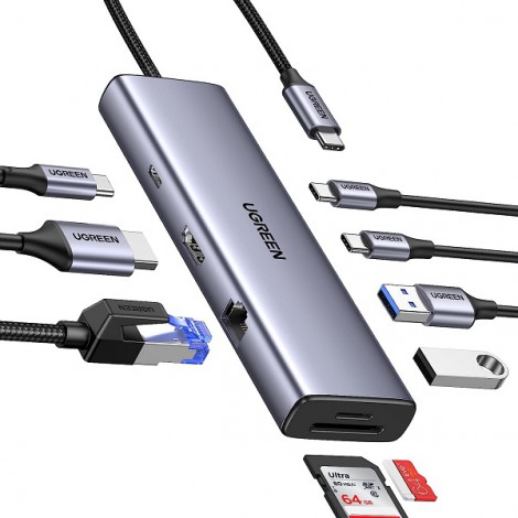 Bộ chuyển 9 in 1 Type-C to HDMI + Lan + USB 3.0 + SD/TF + PD Type-C 100W + Type C data Ugreen 15375