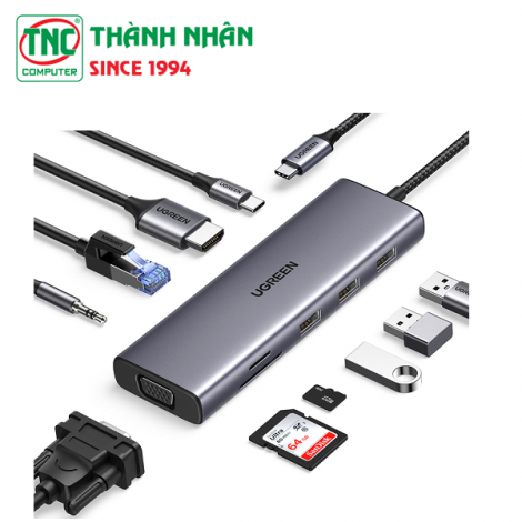 Bộ chuyển đổi USB Type-C sang LAN, HDMI, VGA, 3 x USB 3.0, Audio 3.5mm, SD/TF, sạc PD 100W Ugreen 15601