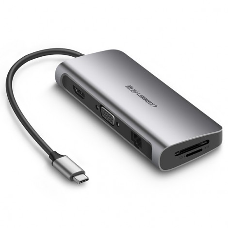 Bộ chuyển USB C to HDMI + VGA + USB 3.0 + LAN 1Gbps + Card Reader đa năng Ugreen 40873 (9 in 1)