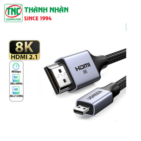 Cáp chuyển đổi Micro HDMI to HDMI 2.1 dài 2m Ugreen 15517, hỗ trợ 8K60Hz 4K120Hz 48Gbps, Dynamic HDR, eARC