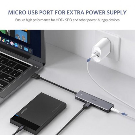 HUB USB 3.0 4 Port có trợ nguồn cổng Micro USB Ugreen 50985