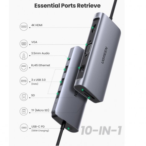 Hub USB C 10 in 1 USB C to 3 USB 3.0+HDMI 4K + VGA + RJ45 Gigabit + SD/TF + Audio 3.5mm + PD Power Delivery Ugreen 80133