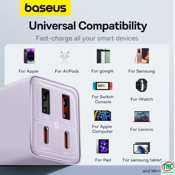 Cốc sạc đa năng OS-Baseus GaN6 Pro 65W EU Star Purple P10162701533-00 (kèm cáp sạc Type-C to Type-C 100W dài 1m)	