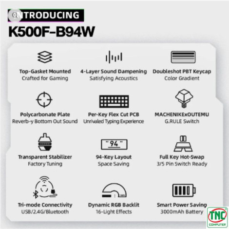 Bàn phím cơ Gaming không dây Machenike K500F-B94W Tri-Mode RGB màu Trắng Trong Suốt G.Rule Crystal Switch