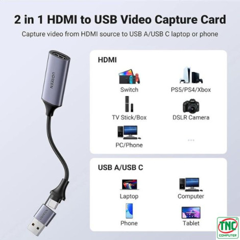 Cáp ghi hình HDMI to USB A và USB C Video Capture Card Ugreen 40189