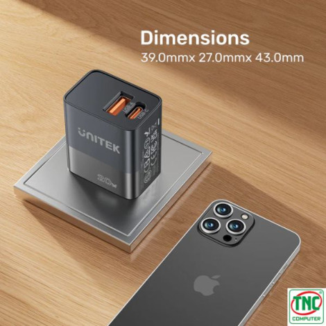 Cốc sạc 2 cổng USB-C và USB-A UNITEK P1124ABK01-US