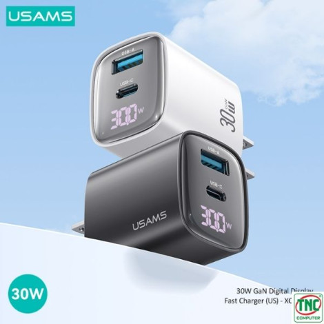 Củ sạc nhanh 2 cổng USB-A, Type-C USAMS 30W GaN màu Đen CC230TC01
