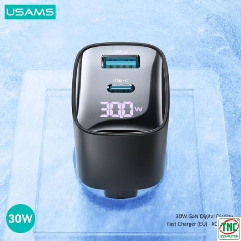 Củ sạc nhanh 2 cổng USB-A, Type-C USAMS 30W GaN màu Đen CC230TC01