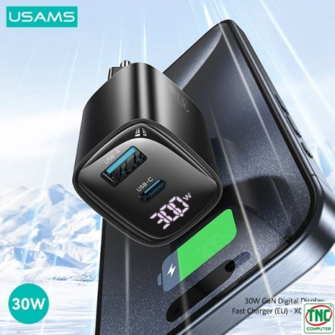 Củ sạc nhanh 2 cổng USB-A, Type-C USAMS 30W GaN màu Đen CC230TC01