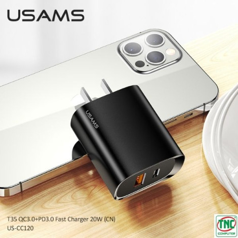 Củ sạc 2 cổng USB-A, Type-C USAMS T35 20W màu Đen CC120TC02