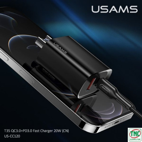 Củ sạc 2 cổng USB-A, Type-C USAMS T35 20W màu Đen CC120TC02