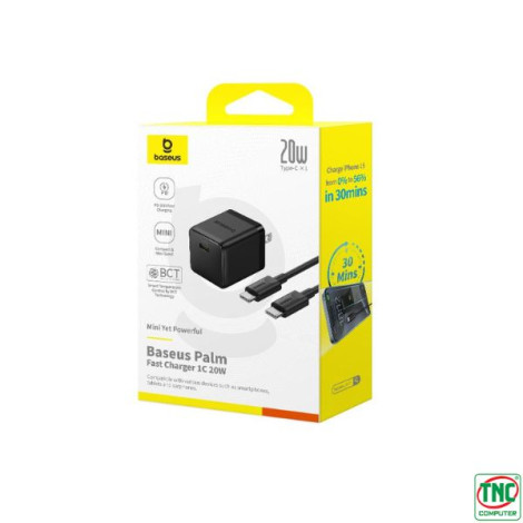 Củ sạc, cáp sạc Type-C Baseus Palm 1C 20W, cáp sạc USB-C to USB-C 60W (20V/3A) 1m Cluster Black P10111603113-01