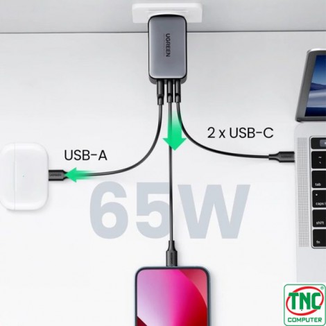 Củ sạc nhanh 3 cổng GaN 65W chân tròn Ugreen 10335