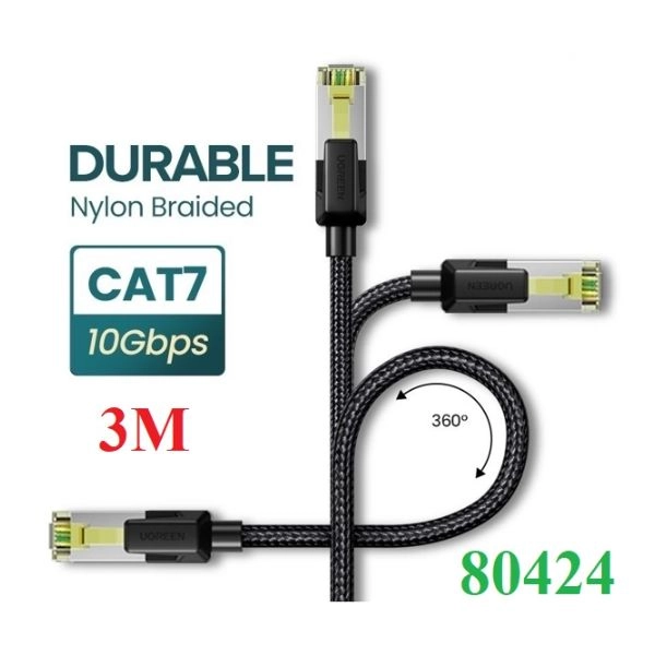 Cáp mạng CAT7 STP bấm sẵn dài 3m bọc dù tốc độ 10Gbps Ugreen 80424 màu đen