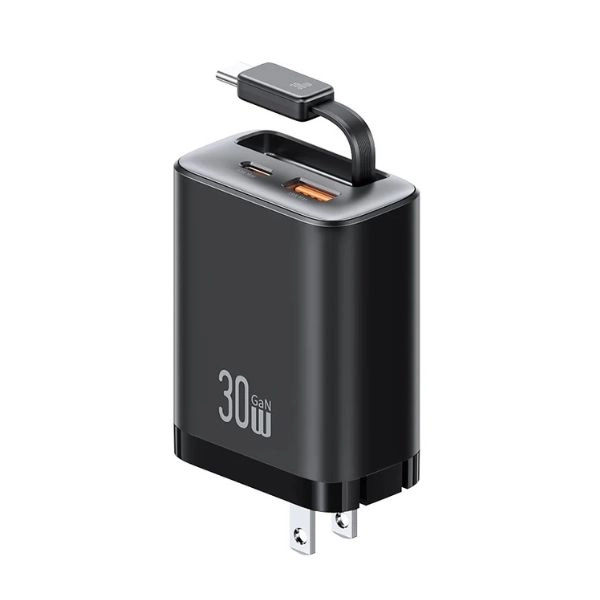 Củ Sạc Nhanh 2C+1A GaN USAMS CC297 30W tích hợp cáp Type-C CC297TC01 (USM123-AC-UK) - Black