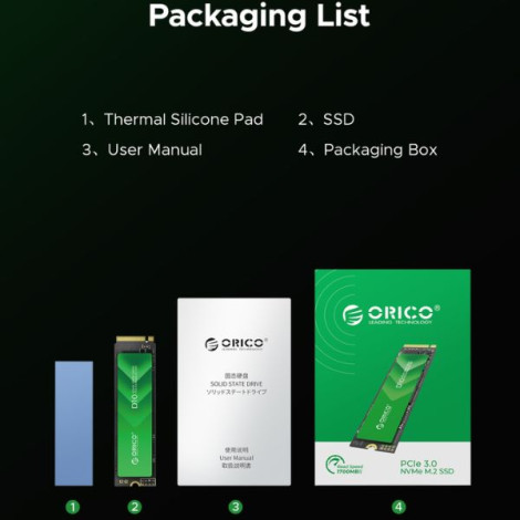 Ổ cứng SSD gắn trong Orico PCIe Gen3x4 M2 NVMe D10 512GB D10-512GB-GR-BP