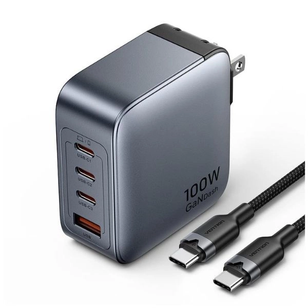 Combo Củ Sạc Nhanh 4 cổng 3 Type-C, 1 USB-A VENTION 100W kèm cáp Type-C to Type-C TZ-FETH0-US (TZFETH0-US) - Gray