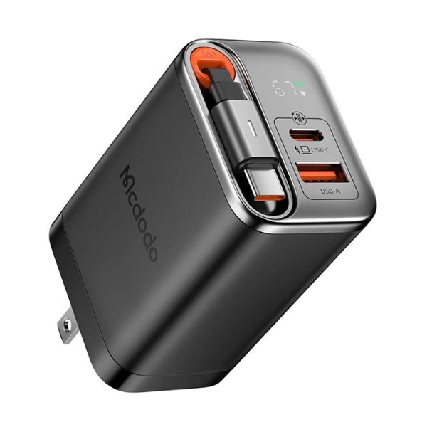 Củ Sạc Nhanh 2 cổng tích hợp cáp sạc dây rút MCDODO CH-411 GaN 67W MCCH411-US-BK (CH4110) – Black