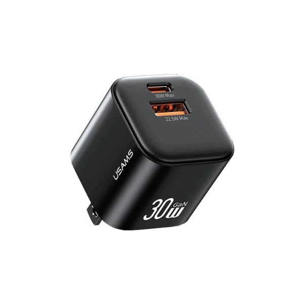 Củ Sạc Nhanh 2 cổng Type-C, USB-A USAMS CC270 GaN Mini Dual Ports Fast Charger 30W - Black (CC270TC01)