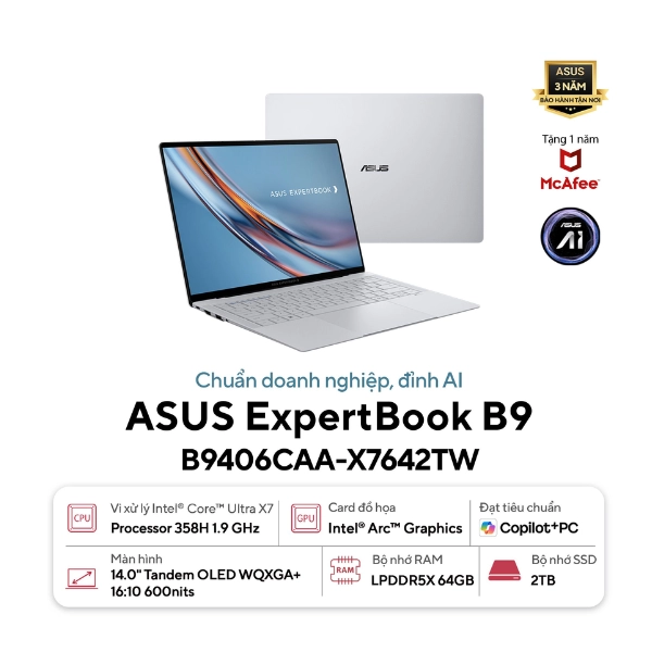 Laptop ASUS ExpertBook Ultra B9 B9406CAA-X7642TW (Ultra X7 358H/ Ram 64GB/ SSD 2TB/ 14 inch Tandem OLED/ Windows 11 Home/ 3Y/ Xám)