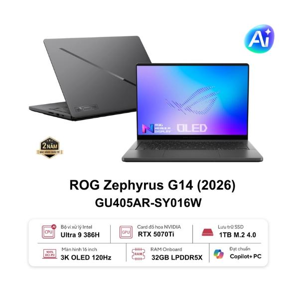 Laptop Asus ROG Zephyrus G14 GU405AR-SY016W (Ryzen 9 8940HX/ Ram 16GB/ SSD 512GB/ RTX 5050 8GB/ 16 inch/ Windows 11 Home + M365 1 tháng/ 2Y/ Xám Đen)
