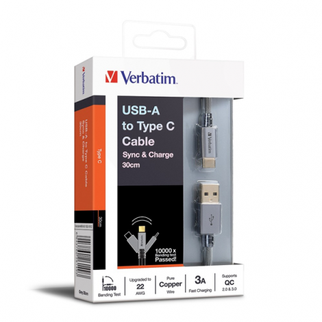 Cable USB-A sang TypeC Verbatim xám 66149 dài 30cm