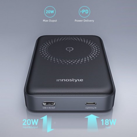 Sạc dự phòng Innostyle POWERMAG 15W 2 IN 1 Stand 10.000mAh PD 20W – IS20PDBLK (Black)
