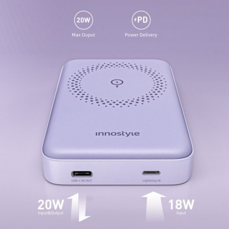 Sạc dự phòng Innostyle POWERMAG 15W 2 IN 1 Stand 10.000mAh PD 20W – IS20PDLV (Lavender)