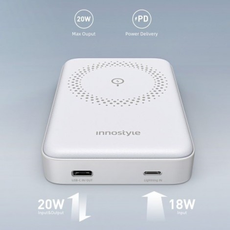 Sạc dự phòng Innostyle POWERMAG 15W 2 IN 1 Stand 10.000mAh PD 20W – IS20PDWHT (White)